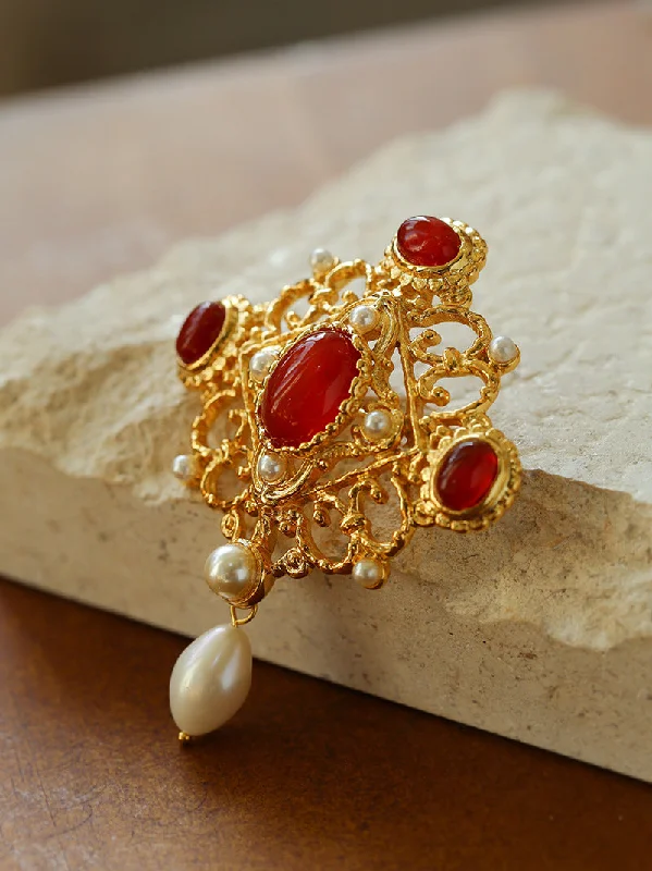 personalized brooch for women-Vintage Courtly Elegance: Red Agate and Pearl Brooch