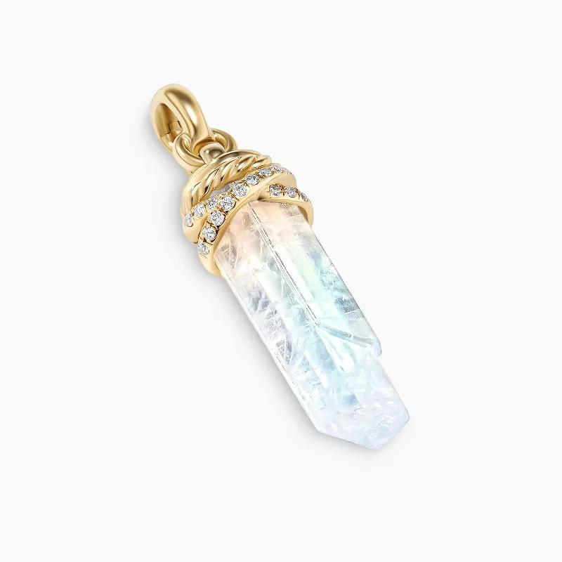 platinum necklace for women-Wrapped Rainbow Moonstone Crystal Amulet with 18K Yellow Gold and Pave Diamonds