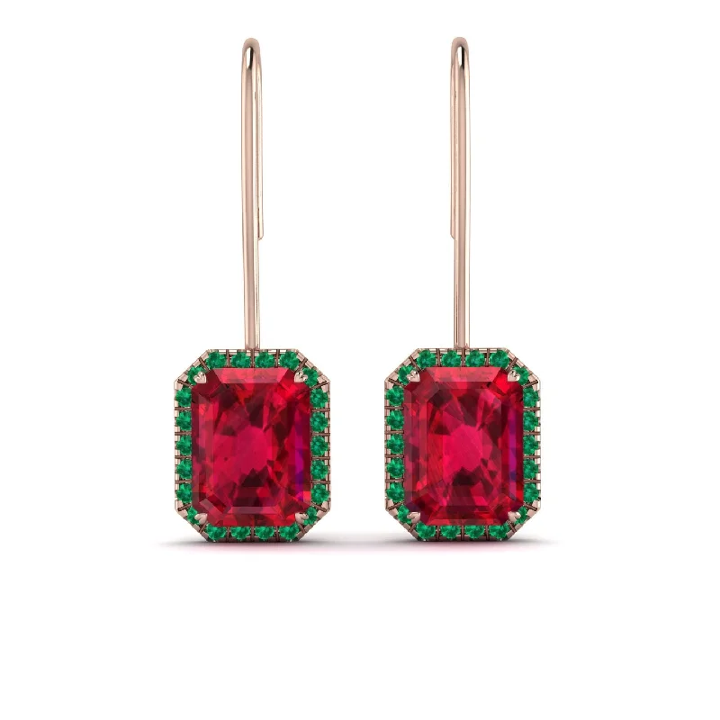 chunky earrings for women-Halo Emerald Cut Ruby Earrings - Izabella No. 26