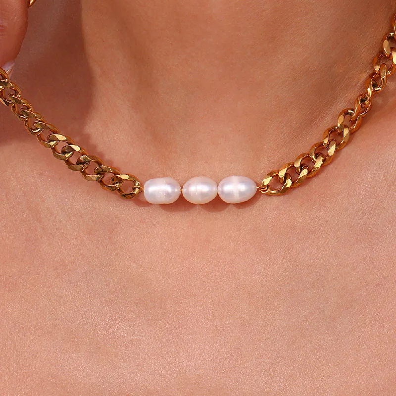 silver heart necklace for women-Pearl Cuban Choker