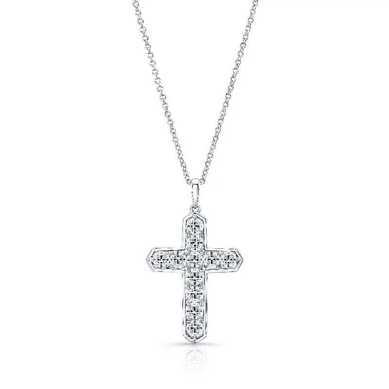 heart shape pendant necklace for women-14K White Gold 11 Diamond Cross Geometric Bezel