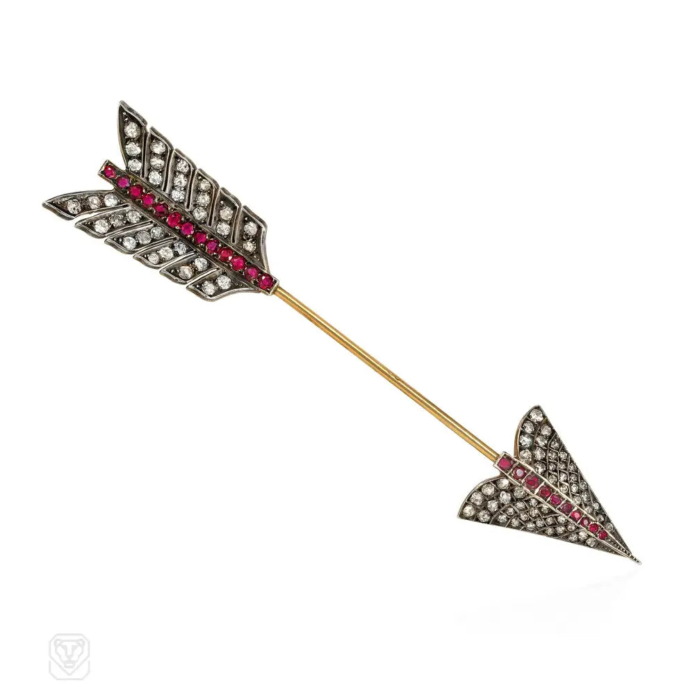 intricate brooch for women-Antique diamond and ruby arrow jabot brooch