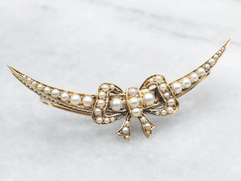 pearl and diamond brooch for women-Art Nouveau Crescent Moon Seed Pearl Bow Brooch