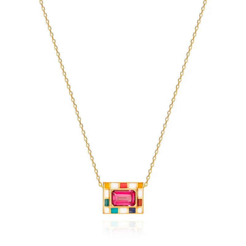 silver diamond necklace for women-Pink Topaz & Enamel Let's Play Chess Mini Pendant