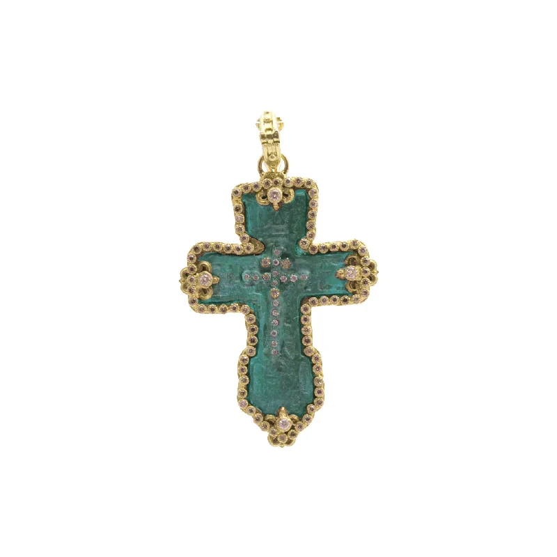 antique necklace for women-Teal Patina Diamond Cross Pendant