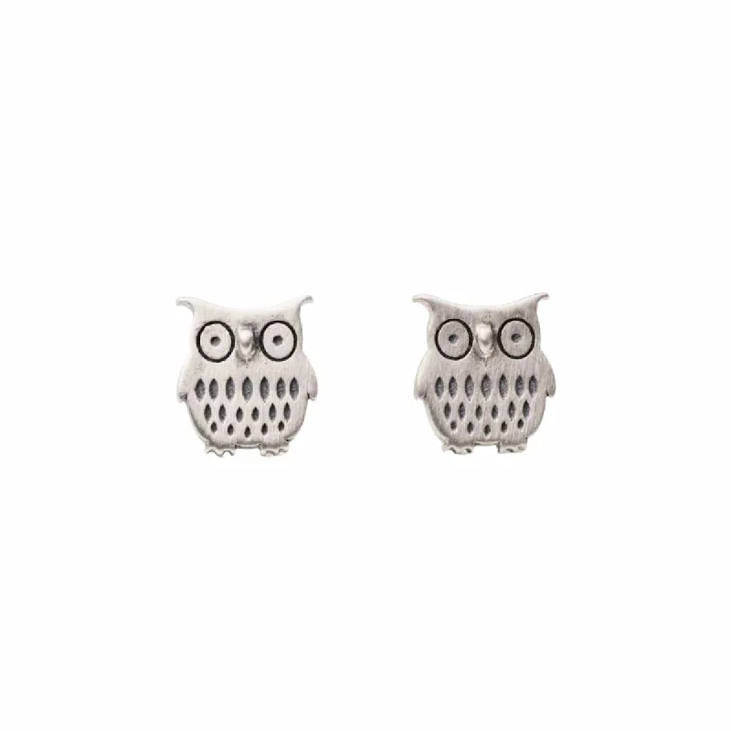 statement gemstone earrings for women-Owl Stud Earrings - Brushed Sterling Silver