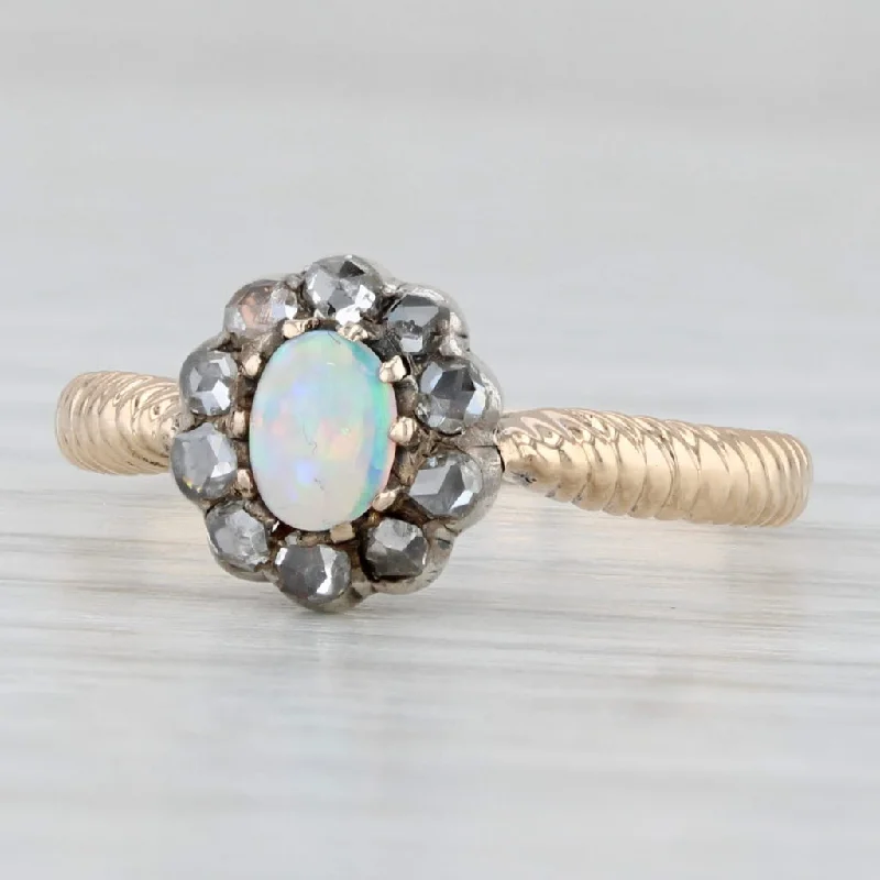 black diamond engagement rings for women-Antique Opal Diamond Halo Ring 14k Yellow Gold Silver Top Size 6