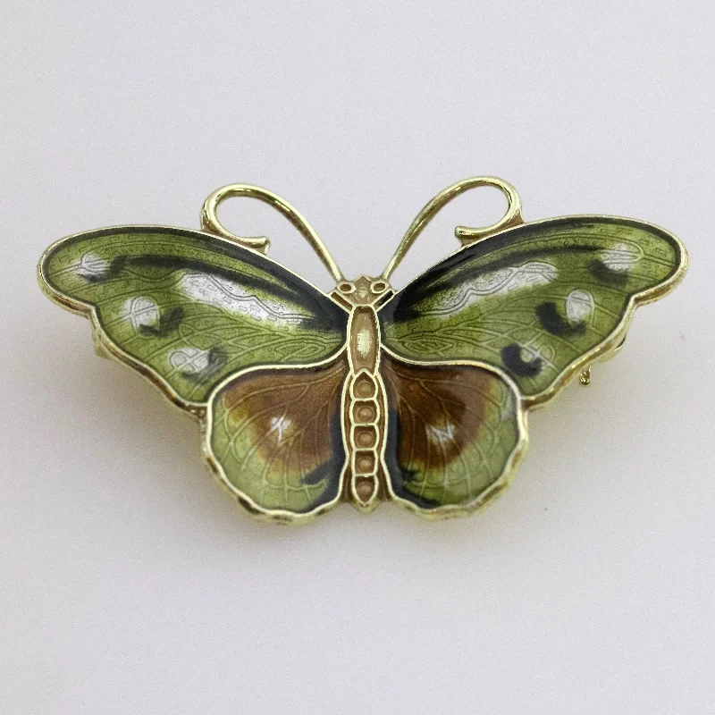 wedding brooch for brides-Vintage Hroar Prydz Enamel Jewelry | Petite Green Enamel Butterfly Brooch