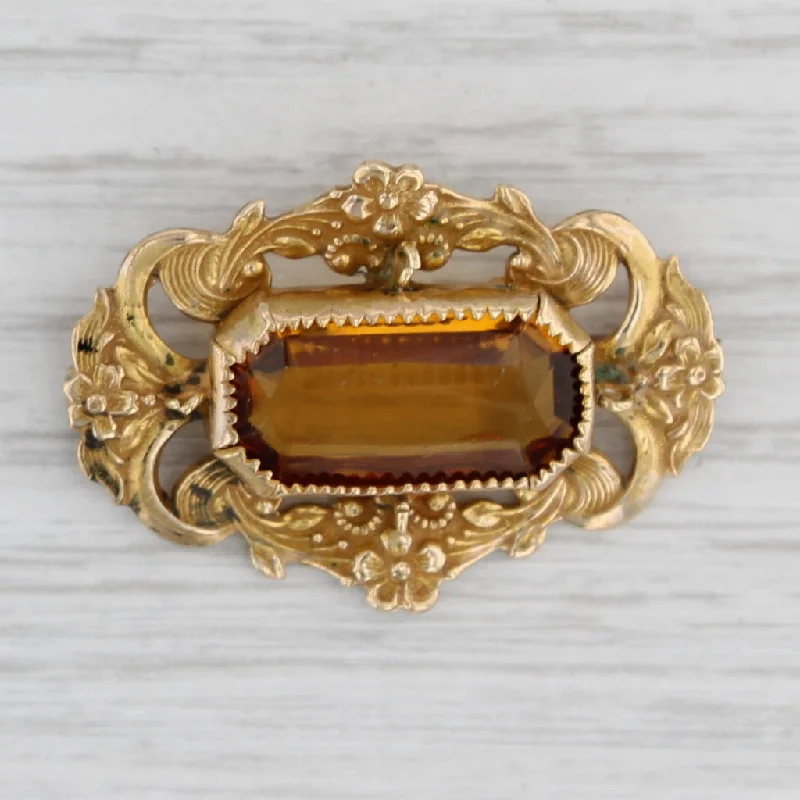 gemstone engagement rings for women-Ornate Antique Floral Orange Glass Brooch Gold Filled Pin