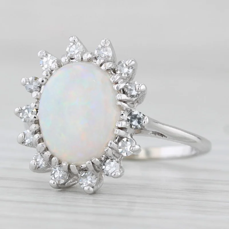 modern diamond engagement rings for women-Vintage Opal Diamond Halo Ring 14k White Gold Size 4.75