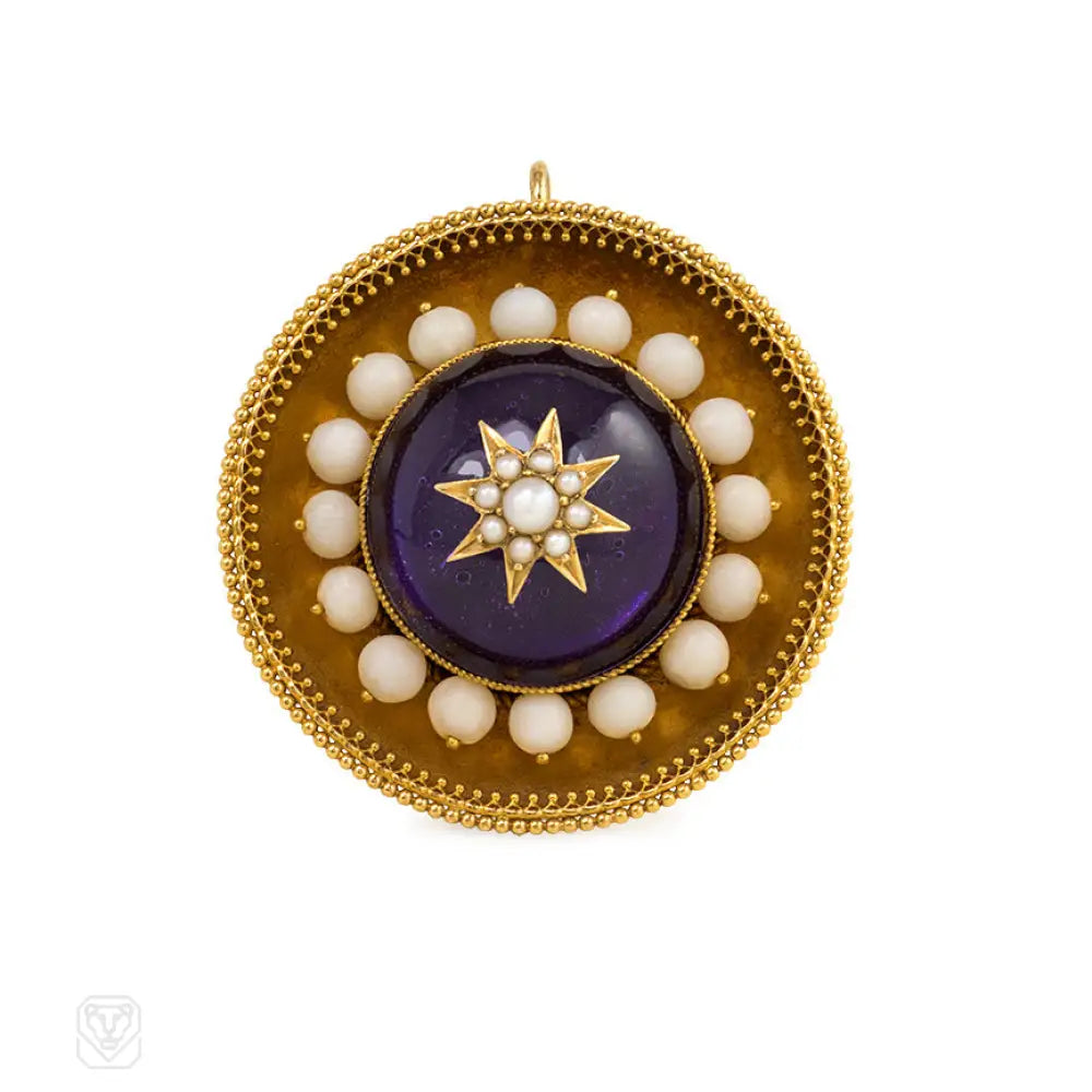 geometric brooch for women-Antique gold, foiled amethyst, coral, and pearl target brooch