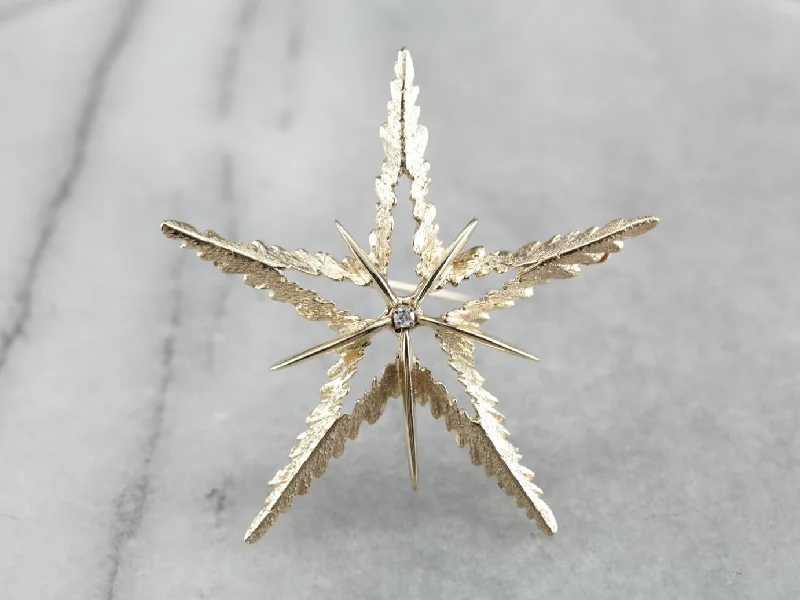 large floral brooch for women-Vintage Diamond Star Gold Brooch