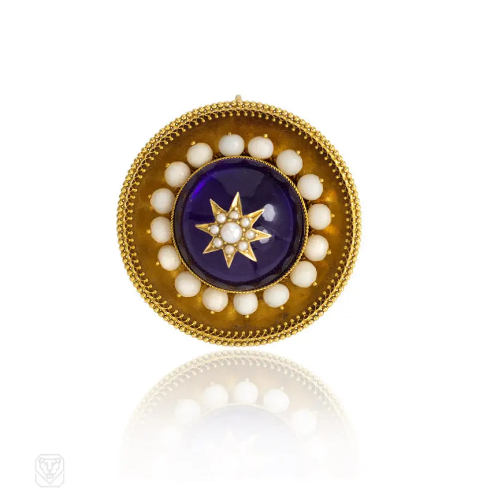 stunning brooch for women-Antique gold, amethyst, coral, and pearl target brooch