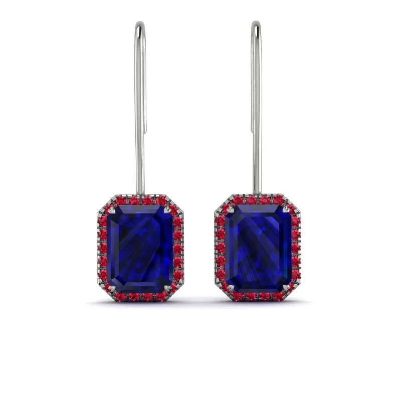 custom silver earrings for women-Halo Emerald Cut Sapphire Earrings - Izabella No. 60