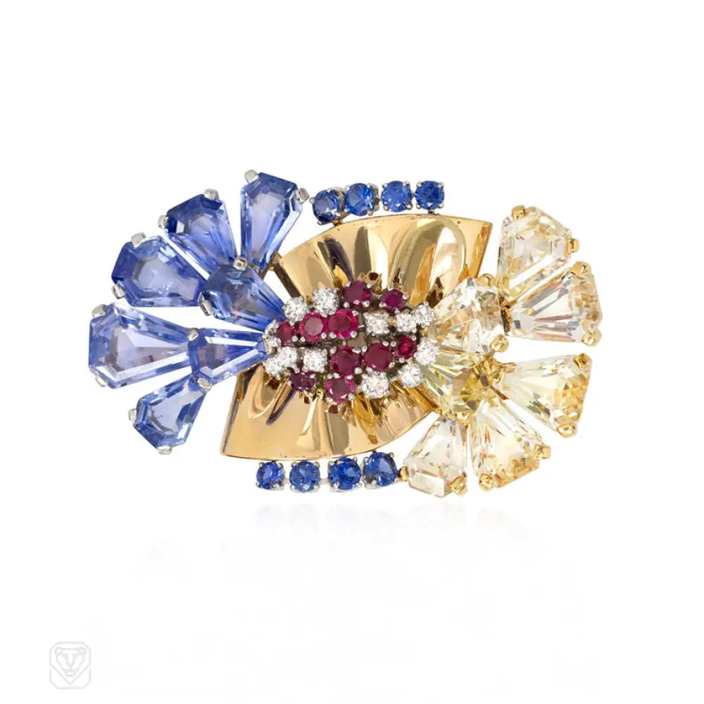 geometric crystal brooch for women-Retro sapphire, ruby and diamond stylized bowknot brooch, Cartier