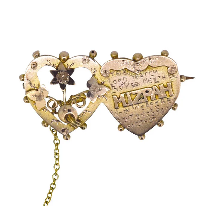 gold leaf brooch for women-Double Heart 'MIZPAH' Brooch