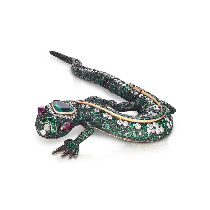 elegant bridal brooch for women-Emerald, Diamond & Ruby Lizard Brooch