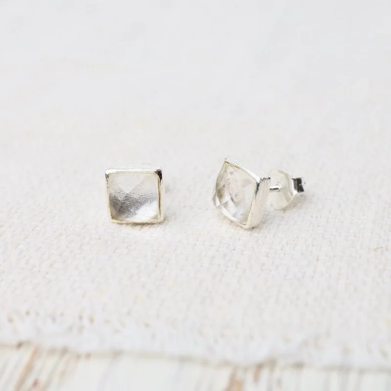 oversized earrings for women-Silver Square Madeline Stud Earrings - Clear Quartz