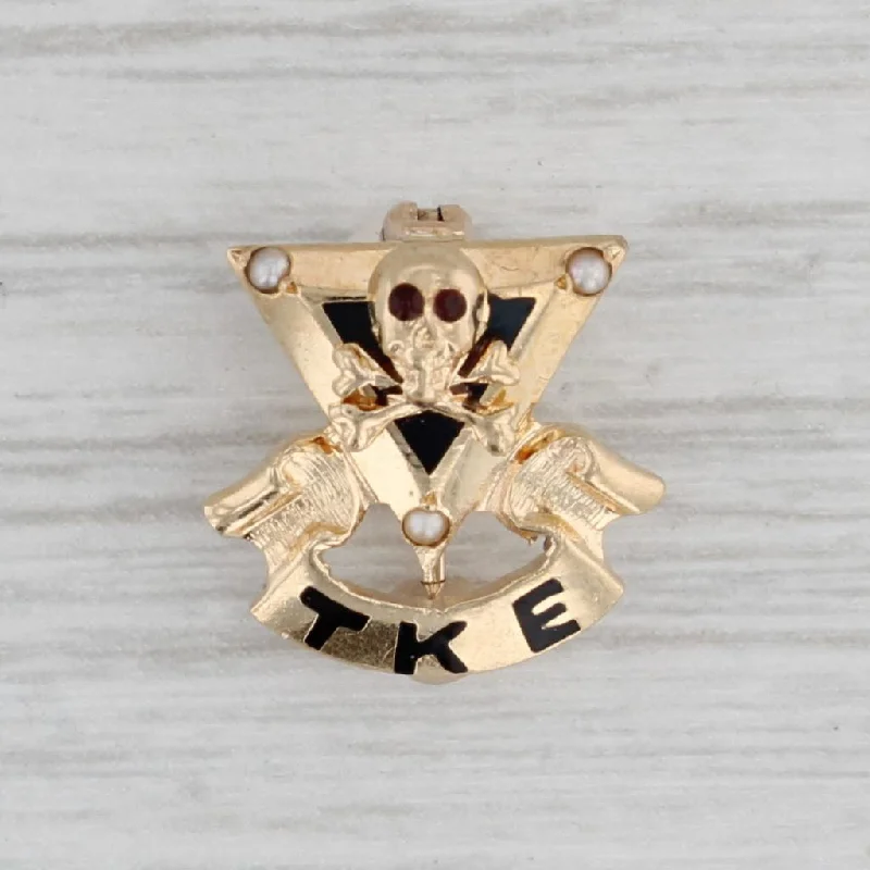 white gold engagement rings for women-Vintage Tau Kappa Epsilon Fraternity Pin 14k Gold Pearl Skull Badge