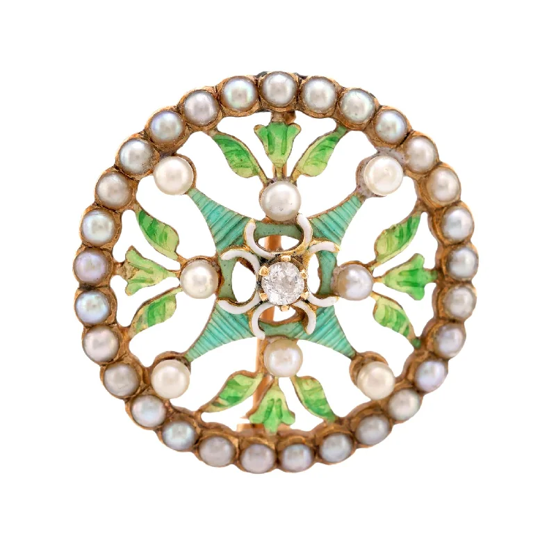 chic heart-shaped brooch for women-Art Nouveau Pearl Diamond 14K Yellow Gold Enamel Brooch