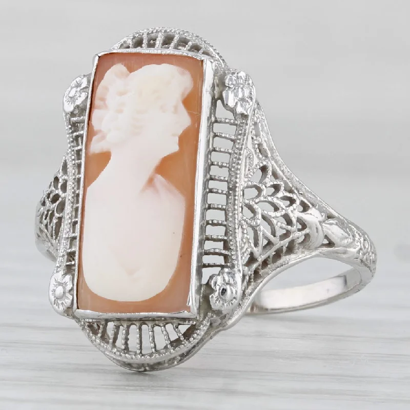 simple engagement rings for women-Vintage Cameo Filigree Ring Carved Shell 14k White Gold Size 8.25