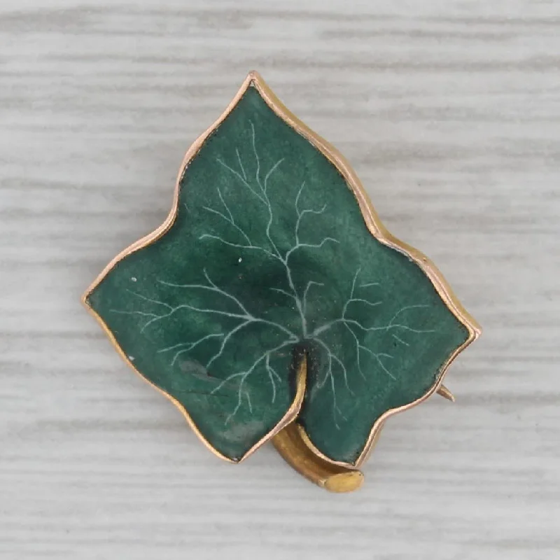 pear diamond engagement rings for women-Antique Green Leaf Pin 14k Yellow Gold Enamel Lapel