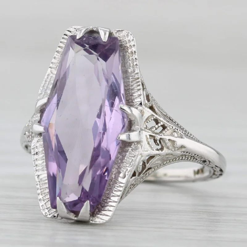 rose gold engagement rings for women-Vintage Amethyst Solitaire Ring 14k White Gold Filigree Size 6.5