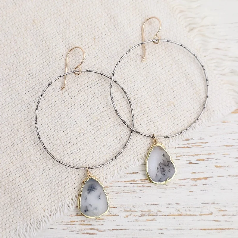 clip-on earrings for women-Large Hoop with Dendrite Opal Earrings