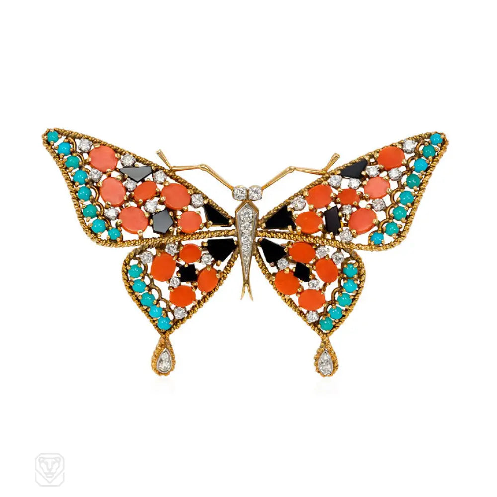 silver leaf brooch for women-Gold and multigemstone butterfly brooch, Georges Lenfant