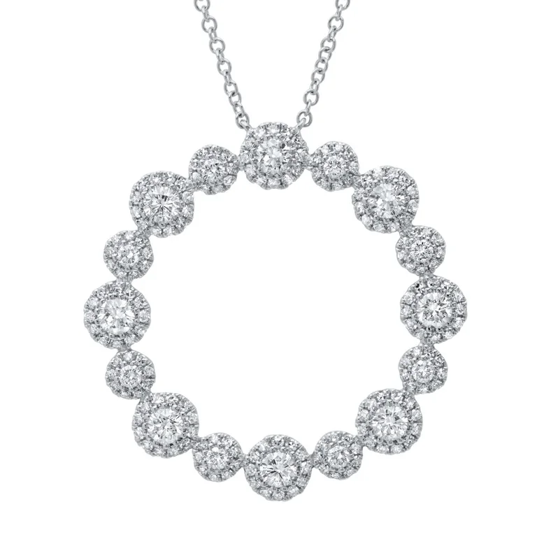 vintage floral necklace for women-14K White Gold Diamond Halo Circle Pendant