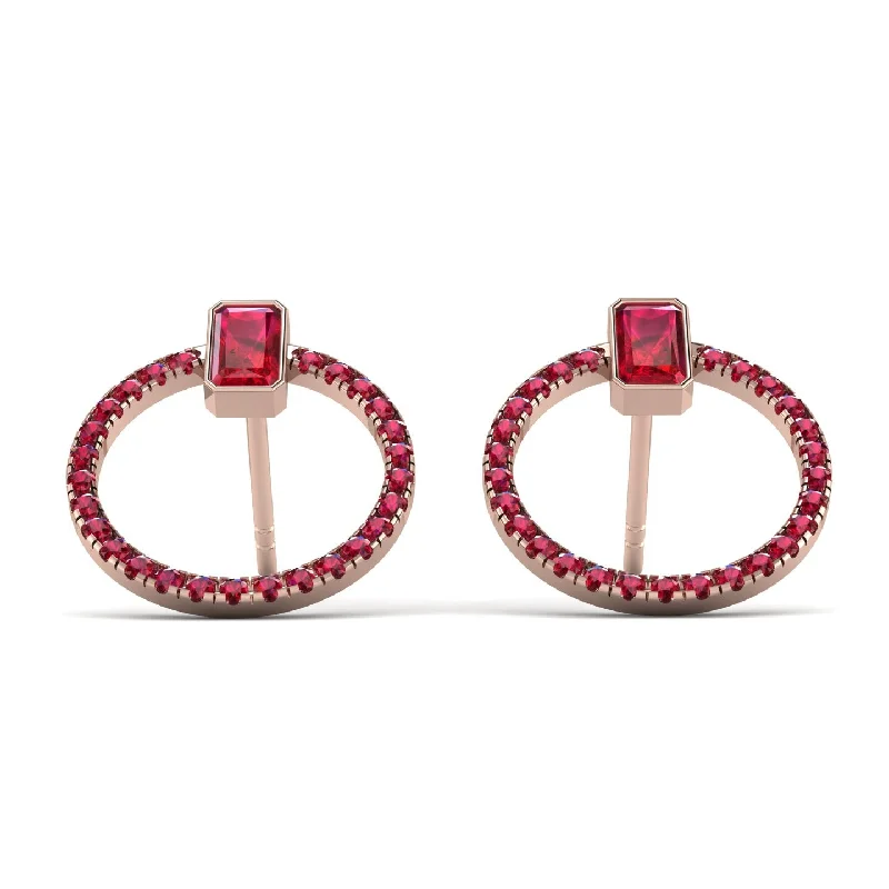 gold crystal earrings for women-Emerald Cut Circle Ruby Earrings - Oaklyn No. 56