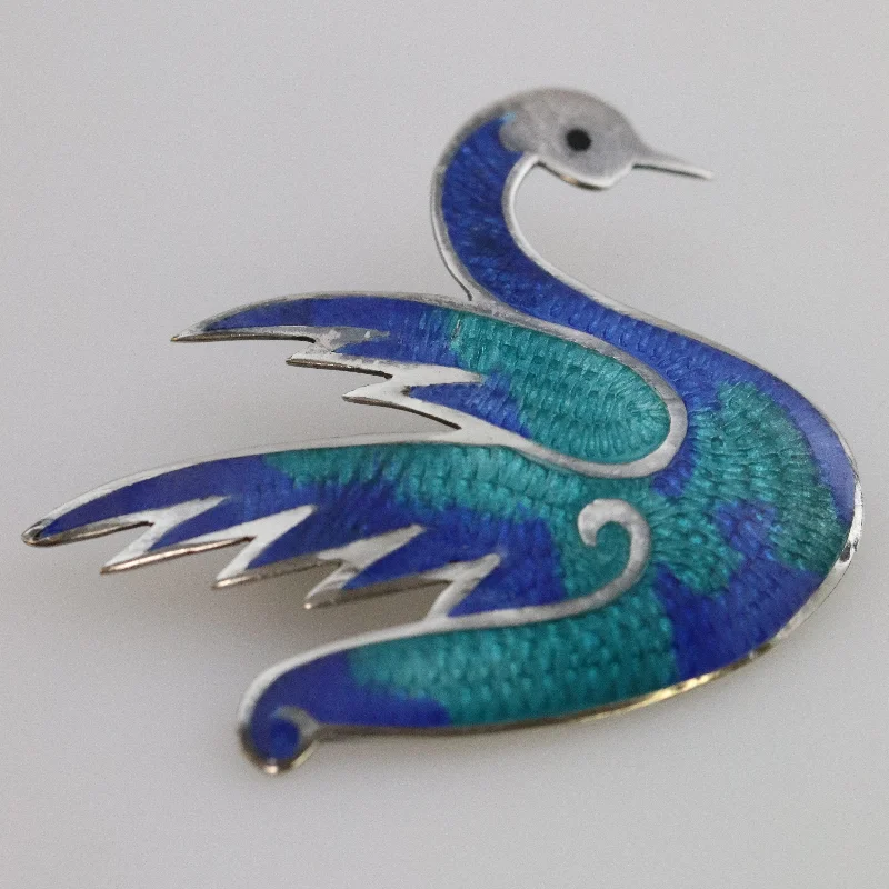 statement brooch for women-Vintage Taxco Silver Mexican Jewelry | Jeronimo Fuentes Enamel Swan Brooch