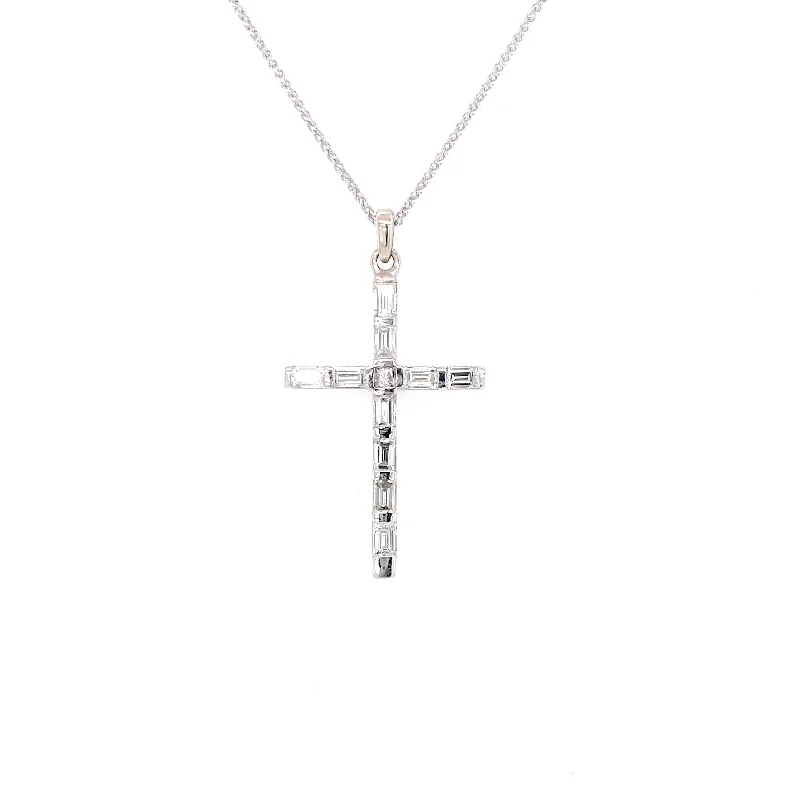 large statement necklace for women-14K White Gold Round+Baguette Diamond Cross