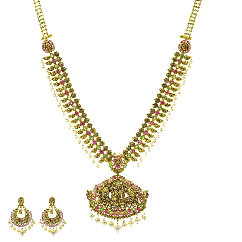 floral pendant necklace for women-22K Gold Antique Laxmi & Gemstones Temple Set