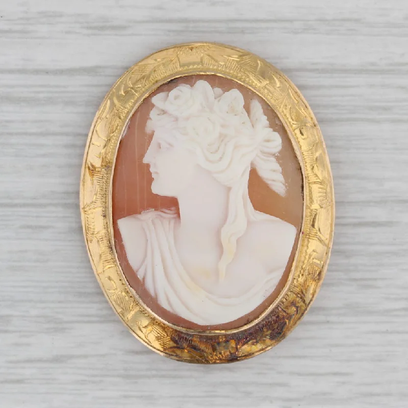 white gold engagement rings for women-Vintage Carved Shell Cameo Brooch 10k Yellow Gold Pendant Pin