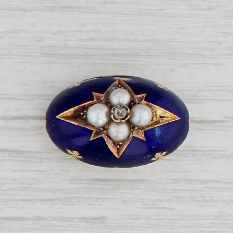 vintage style engagement rings for women-Antique Pearl Diamond Enamel Brooch 14k Gold Enamel Pin