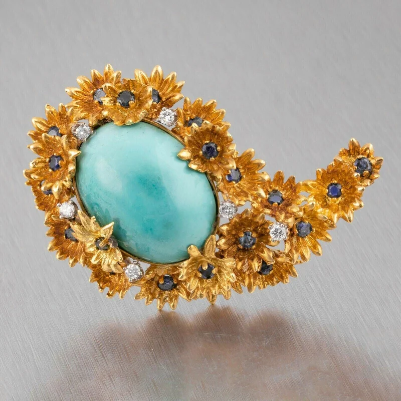 pearl leaf brooch for women-Boris Le Beau 18k Yellow Gold Sapphire Diamond Turquoise Flower Brooch Pin RARE