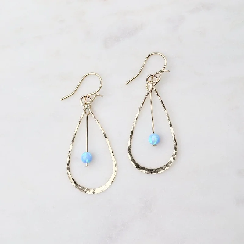 custom hoop earrings for women-Gold Filled Teardrop with Hanging Blue Opal Ball Earrings