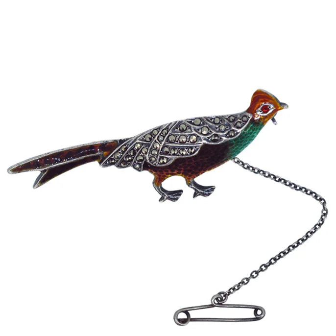 large brooch for women-Silver Enamel & Marcasite Pheasant Brooch