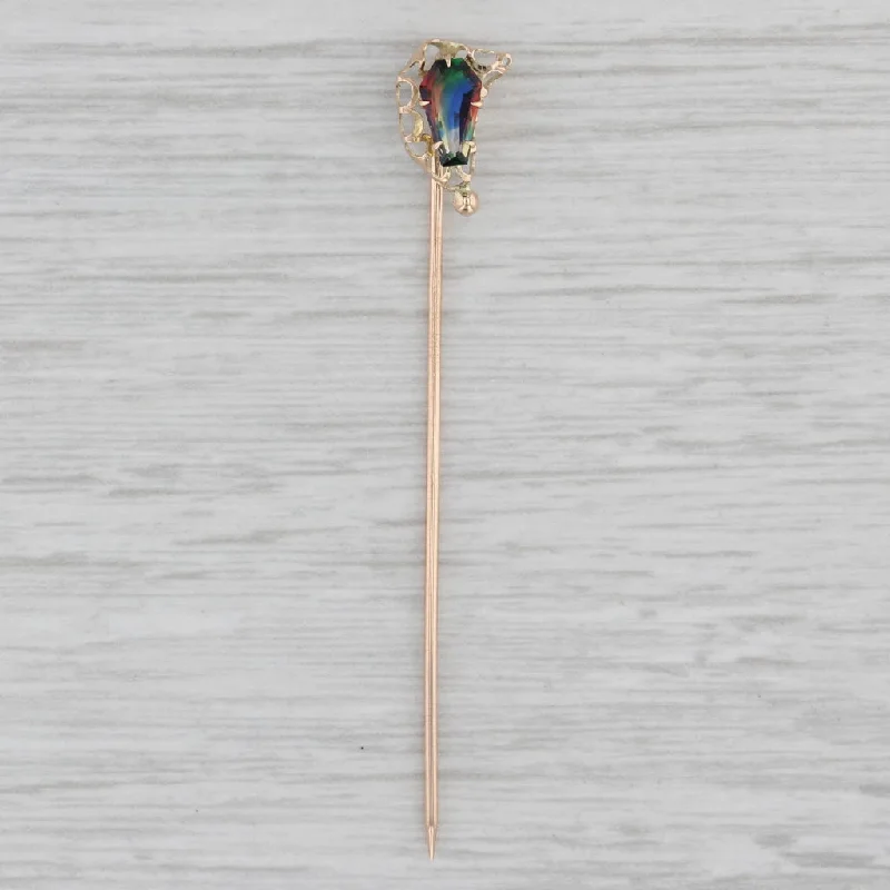 pear-shaped engagement rings for women-Vintage Multicolor Glass Keystone Stickpin 14k Yellow Gold