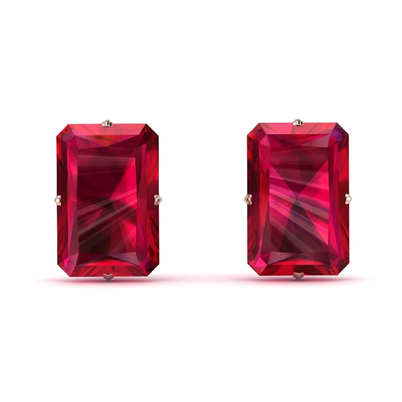 fancy drop earrings for women-Hidden Halo Emerald Cut Ruby Earrings  - Vanessa No. 56