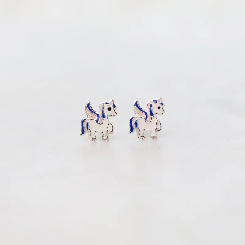 star-shaped earrings for women-Enamel Pegasus Post Earrings in Blue