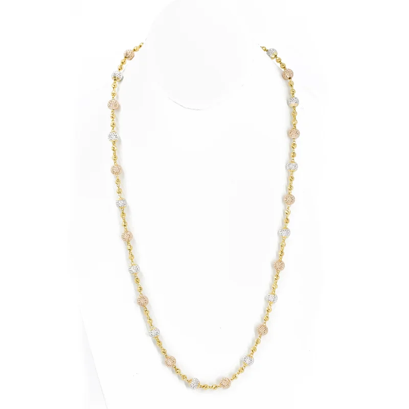 gold and silver necklace for women-22K Multi Tone Gold Chain W/ Beaded Strand & Textured Gold Ball Accents