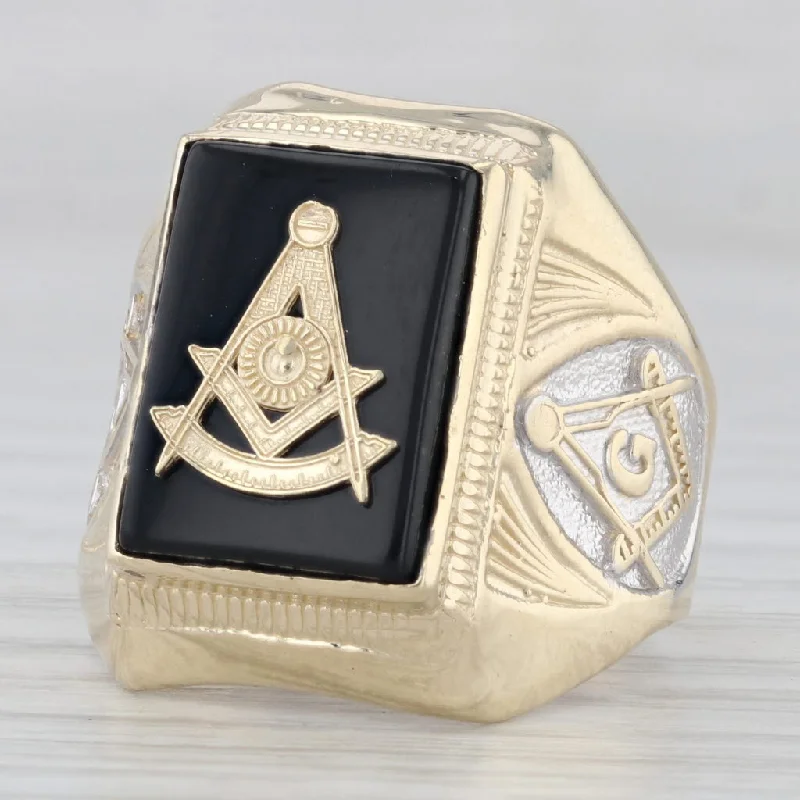 black diamond engagement rings for women-Past Master Mason Signet Ring 10k Gold Onyx Square Compass Sun Masonic Size 9