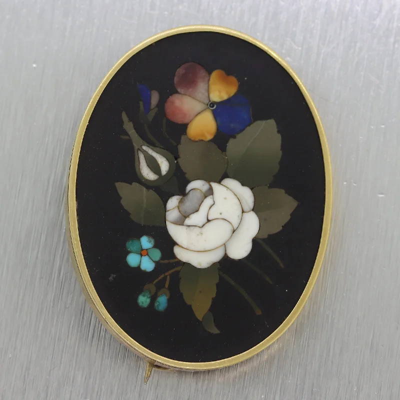 pearl flower brooch for women-Antique Vintage Estate 14k Yellow Gold Pietra Dura Brooch Pin