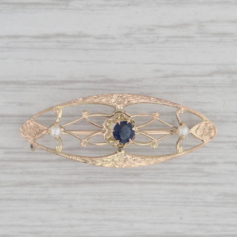 art deco engagement rings for women-Vintage Blue Glass Imitation Sapphire Pearl Filigree Brooch 10k Gold Floral Pin