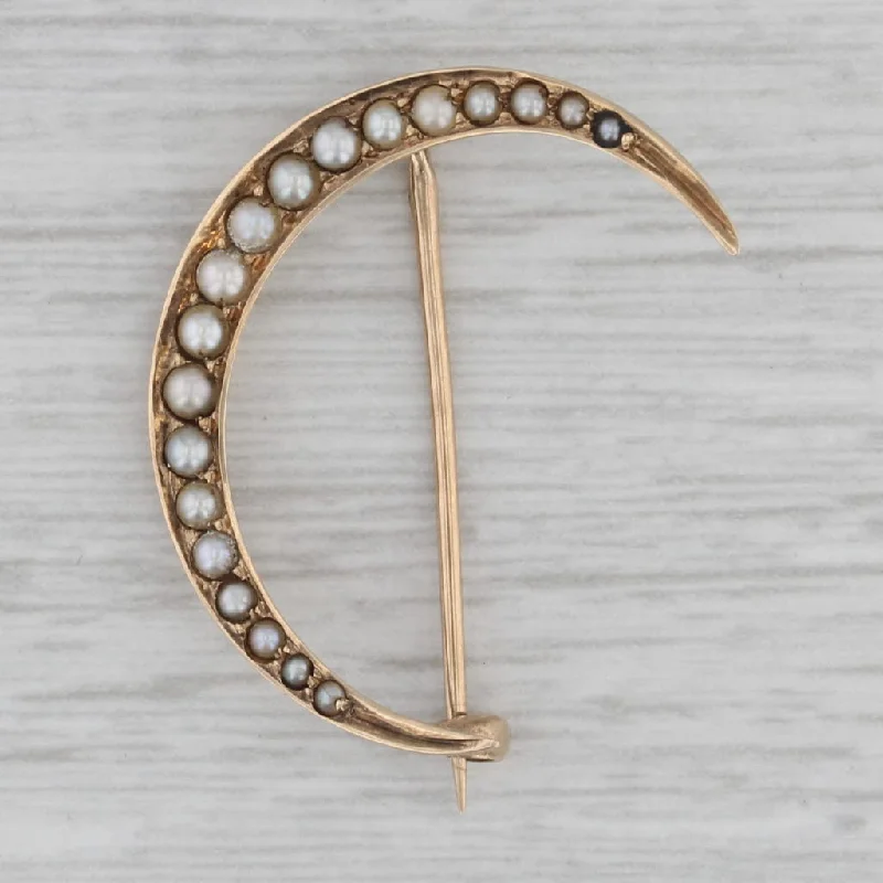 twist engagement rings for women-Vintage Seed Pearl Crescent Moon Brooch 14k Gold Pin