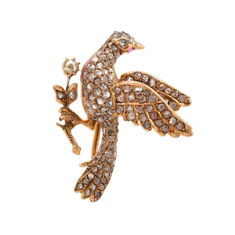 modern rhinestone brooch for women-Antique Rose Cut Diamond Ruby 18K Yellow Gold Dove Brooch