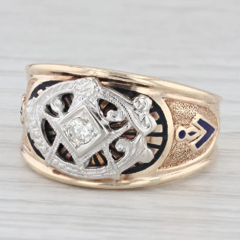 platinum solitaire engagement rings for women-Vintage Masonic Ring 10k Gold Diamond Size 10.25 Cigar Band Style Blue Lodge