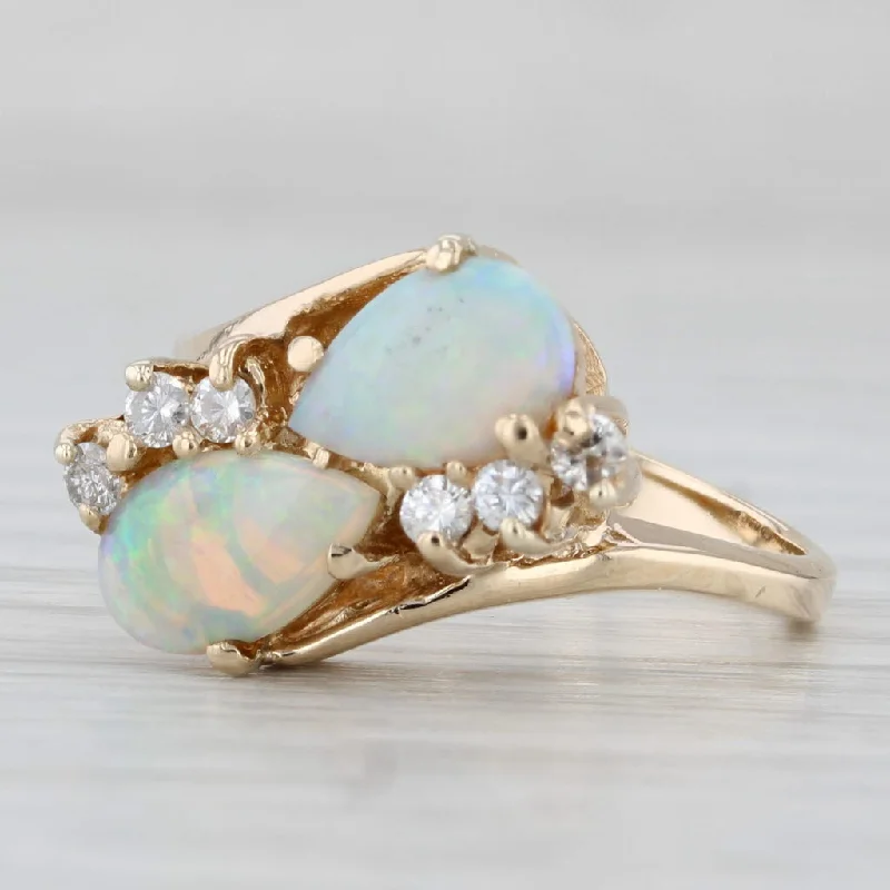 twist engagement rings for women-Vintage Opal Diamond Bypass Ring 14k Yellow Gold Size 6.5